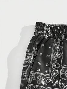 GENTILAND 男士佩斯利絲巾圖案腰部抽繩短褲 - 黑與白 - 查看 3