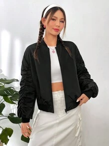 SHEIN EZwear Letter Graphic Ruched Sleeve Bomber Jacket - Black and White - View 3