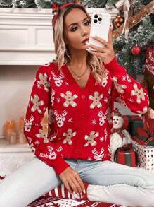 Chiquease Christmas Elk & Snowflake Pattern Button Front Cardigan For New Year Clothes,Long Sleeve Tops - Red - View 6