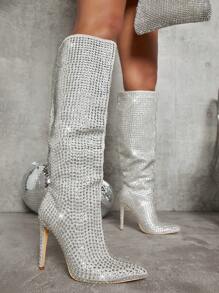SHUZIA Rhinestone Detail Thigh High Boots - Silver - View 3