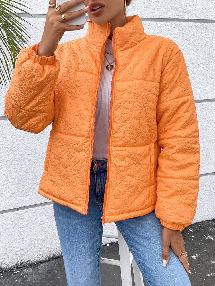 Zip Up Slant Pocket Textured Padded Padded Coat Clothes Winter