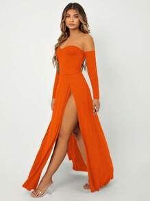 SHEIN SXY Off Shoulder M-slit Thigh Solid Dress - Orange - View 4