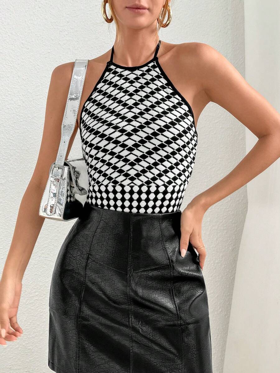 SHEIN Essnce Họa tiết Toàn thân Ca-vát Backless Halter Neck Không lưng Áo hai dây - Đen và trắng - Xem 1