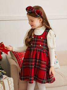 SHEIN 2pcs/Set Young Girl Solid Knit Stand Collar Gigot Sleeve Top And Plaid Cami Dress With Headband, Mommy And Me Matching Outfits