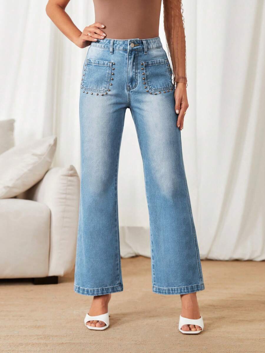 SHEIN Privé Cao eo Quần ống loe - Rửa trung bình - Xem 1