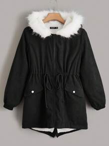 SHEIN EZwear Manteau parka à capuche avec taille à cordon et garniture en fourrure, pour l'hiver