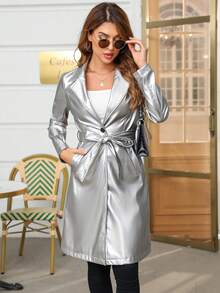 SHEIN Privé 西裝領腰帶PU皮革風衣外套 - 銀色 - 查看 3