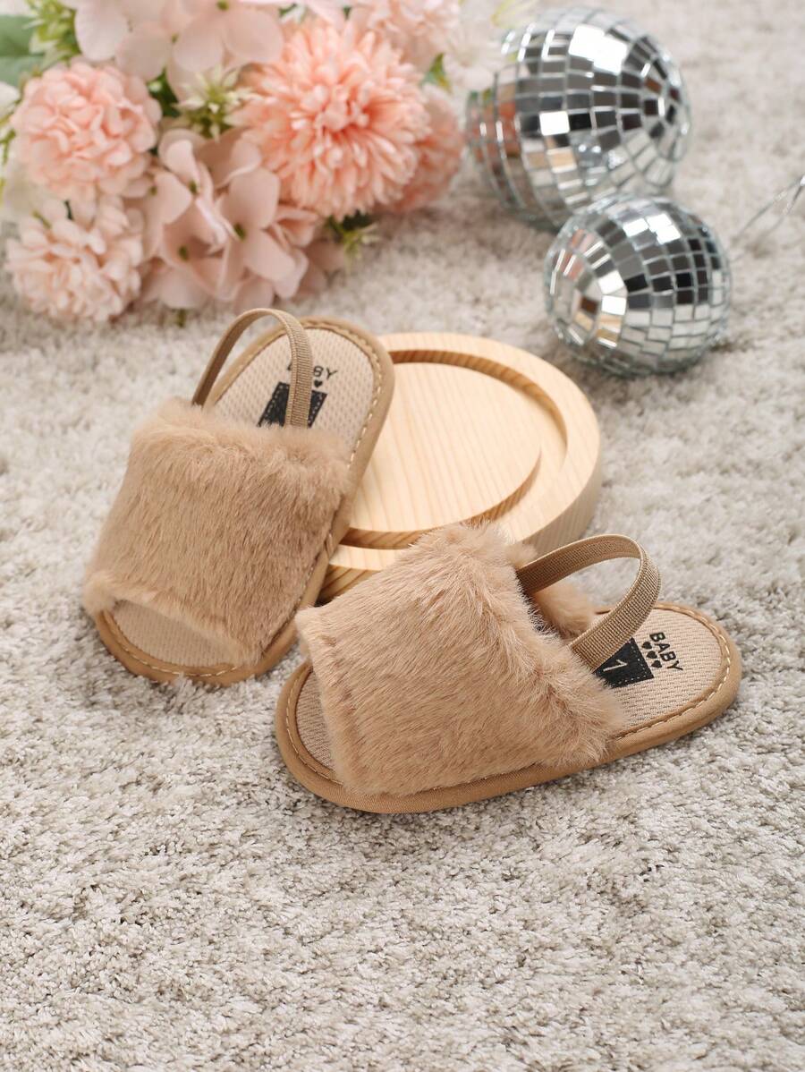 女嬰長毛絨透氣露跟涼鞋適合夏天 - 杏色 - 查看 1