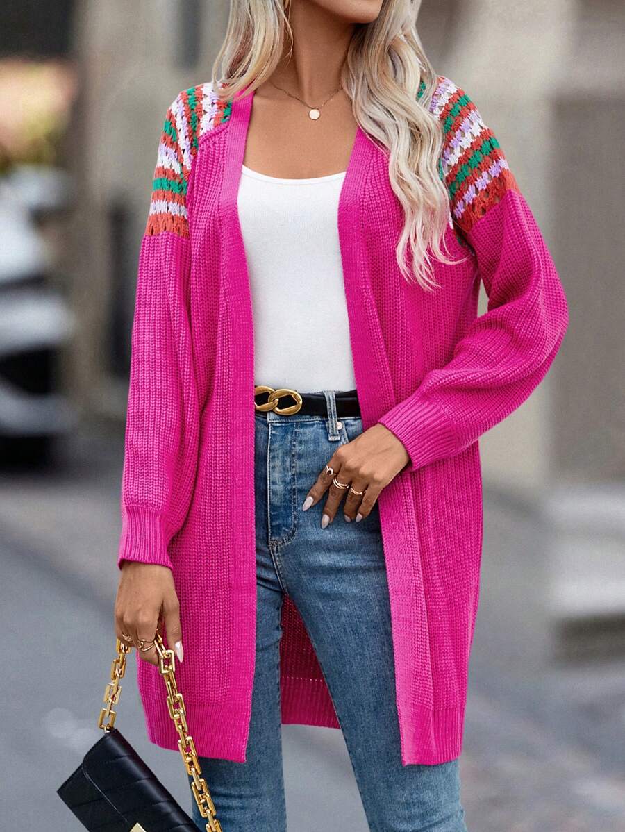 SHEIN Essnce 幾何圖案插肩袖開襟開衫 - 玫紅色 - 查看 1