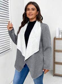 SHEIN LUNE Hơn Cổ áo thác nước Lót Teddy Mở Mặt trước áo - Xám - Xem 2