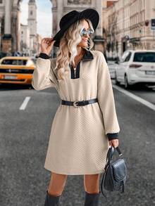 SHEIN LUNE Contrast Trim Quarter Zip Drop Shoulder Tee Dress - Apricot - View 4