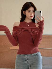 DAZY Chất rắn Đan Xương sườn Áo & Shrug Top - Đỏ - Xem 3