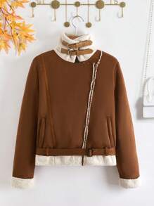SHEIN Unity 1pc Teddy Lined Buckle Detail Jacket - Brown - View 4