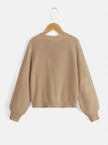 SHEIN Tween Girl Drop Shoulder Ribbed Knit Cardigan In Fall/Winter - Khaki - View 2