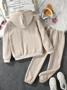 SHEIN Tween Girl Letter Graphic Zip Up Hooded Jacket & Sweatpants - Grey - View 2