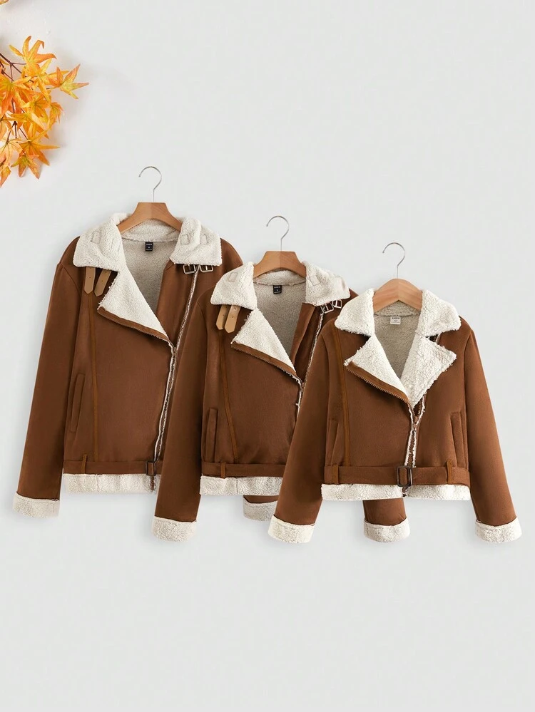 1pc Teddy Lined Buckle Detail Jacket