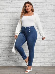SHEIN LUNE Plus High Waist Button Detail Skinny Jeans - Medium Wash - View 5
