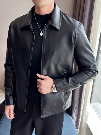 男士长袖拉链PU皮夹克，适合秋冬季穿着