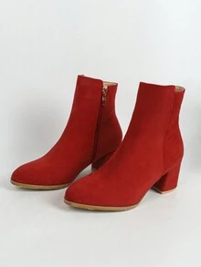 Women's Fashionable Red Velvet Round Toe Short Boots With Chunky High Heels, Side Zipper, Simple Elegant Style, Autumn Winter Collection - Red - View 6