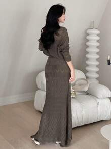 DAZY Pointelle Knit Drop Shoulder Cardigan & Knit Skirt