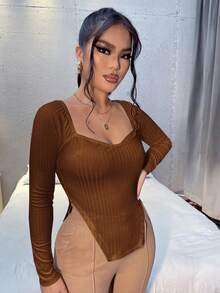 SHEIN SXY Cổ Trái tim Viền không đối xứng Áo thun - màu nâu - Xem 5