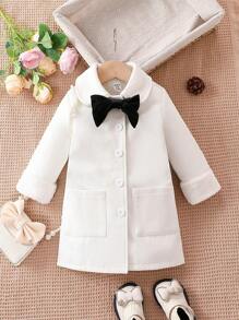 Baby Girl Bow Front Dual Pocket Overcoat - White - View 1