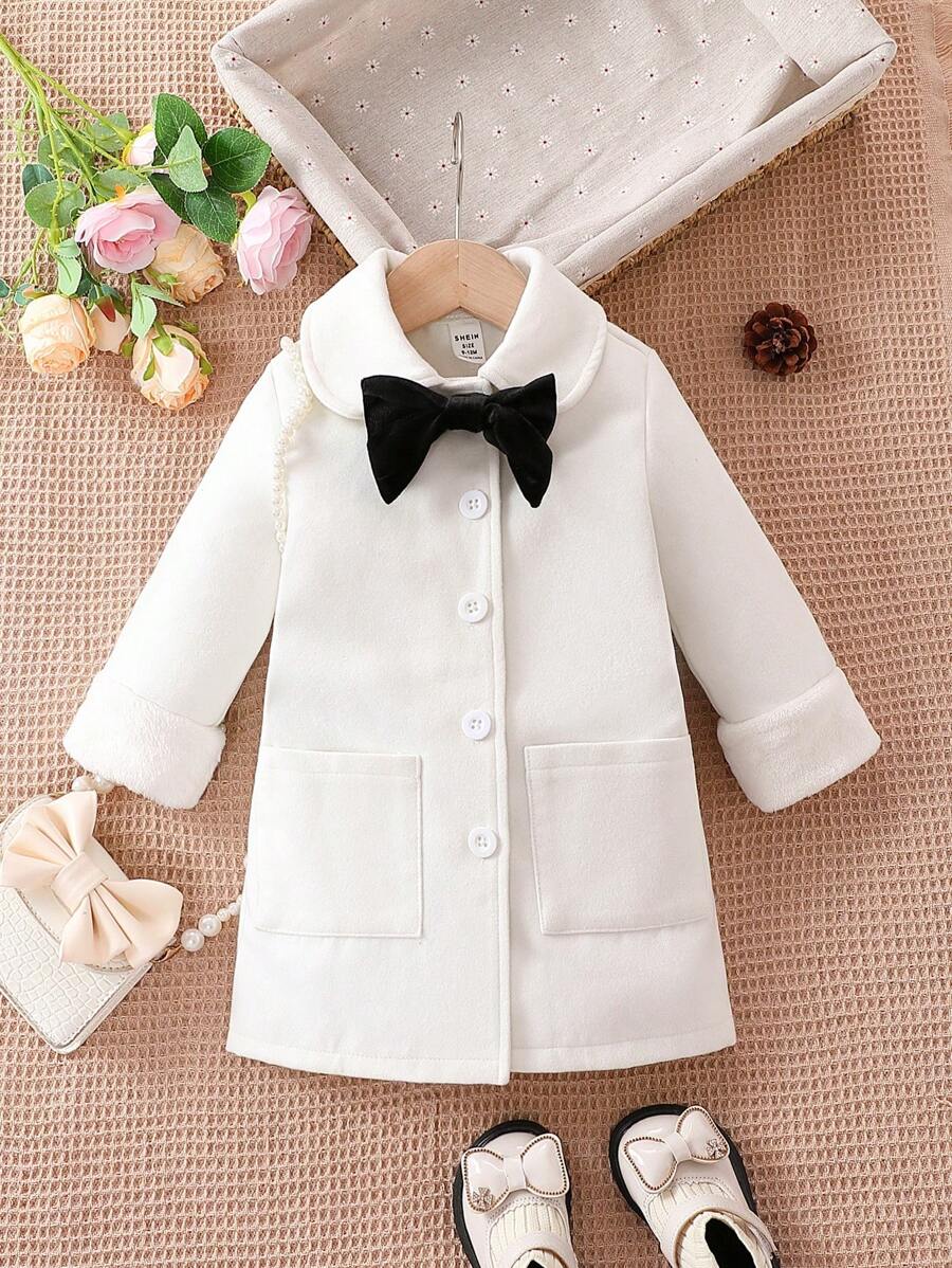 Baby Girl Bow Front Dual Pocket Overcoat - White - View 1