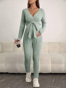 SHEIN Maternity Surplice Neck Belted Jumpsuit - Green - View 5