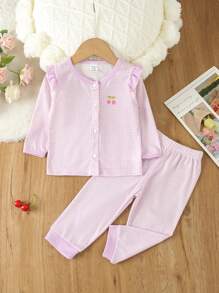 女嬰櫻桃刺繡格紋荷葉邊睡衣套裝 - 紫色 - 查看 1