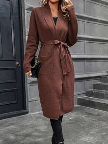 SHEIN Essnce Dual Pocket Open Front Belted Cardigan - Brown - View 3