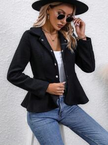 SHEIN LUNE Solid Button Front Peplum Coat - Black - View 6