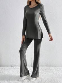 SHEIN Tall 下擺開叉T恤&喇叭褲 - 深灰色 - 查看 4