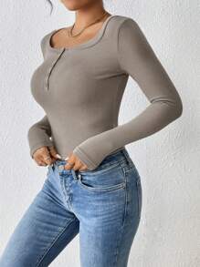 SHEIN PETITE Nút Nửa Đồ đan Ribbed Áo thun - Xám - Xem 6