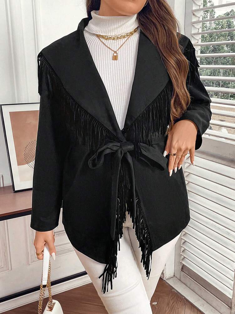 Plus Fringe Trim Waterfall Collar Belted Coat