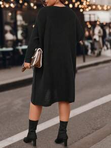 Calvaya Plus Solid Drop Shoulder Sweater Dress Without Belt - Black - View 2