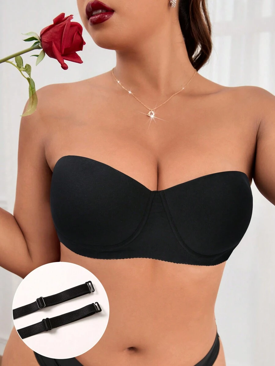 Plus Solid Strapless Push Up Bra With 1pair Clear Strap - Black - View 1