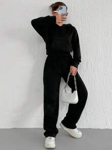 SHEIN Cottnline Solid Drop Shoulder Hoodie & Sweatpants - Black - View 4