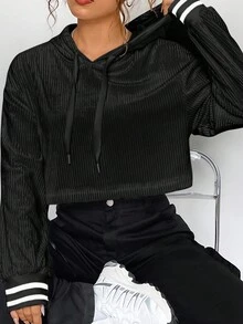 Sọc trang trí Thả vai Dây rút áo có mũ Áo len crop - màu đen - Xem 4
