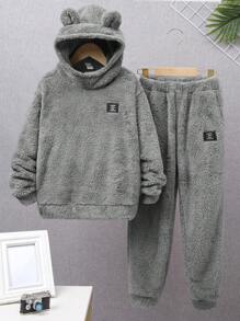 SHEIN Tween Boy Letter Patched 3D Ear Design Flannel Hoodie & Pants - Grey - View 10