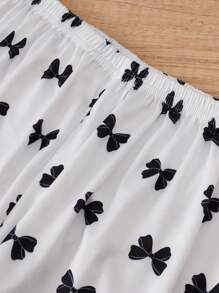 Tween Girls' 3d Bow Print Pajama Set With Bowknot Detail - Black and White - View 4