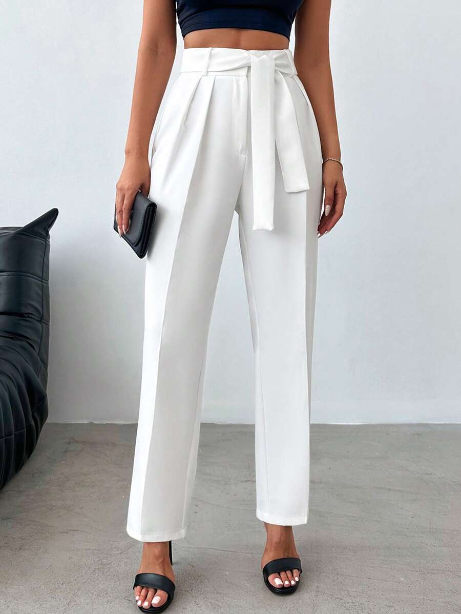 EURMUSE High Waist Plicated Detail Belted Pants - White - View 1