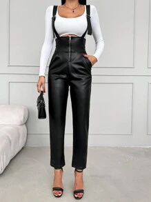 RueChic 拉鏈開襟PU皮革背帶連身褲不帶T恤