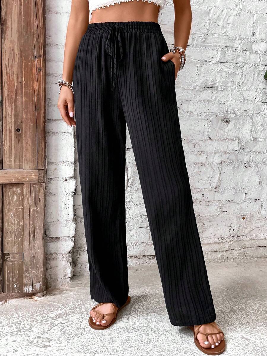 SHEIN LUNE 褶皺前打結闊腿褲 - 黑色 - 查看 1