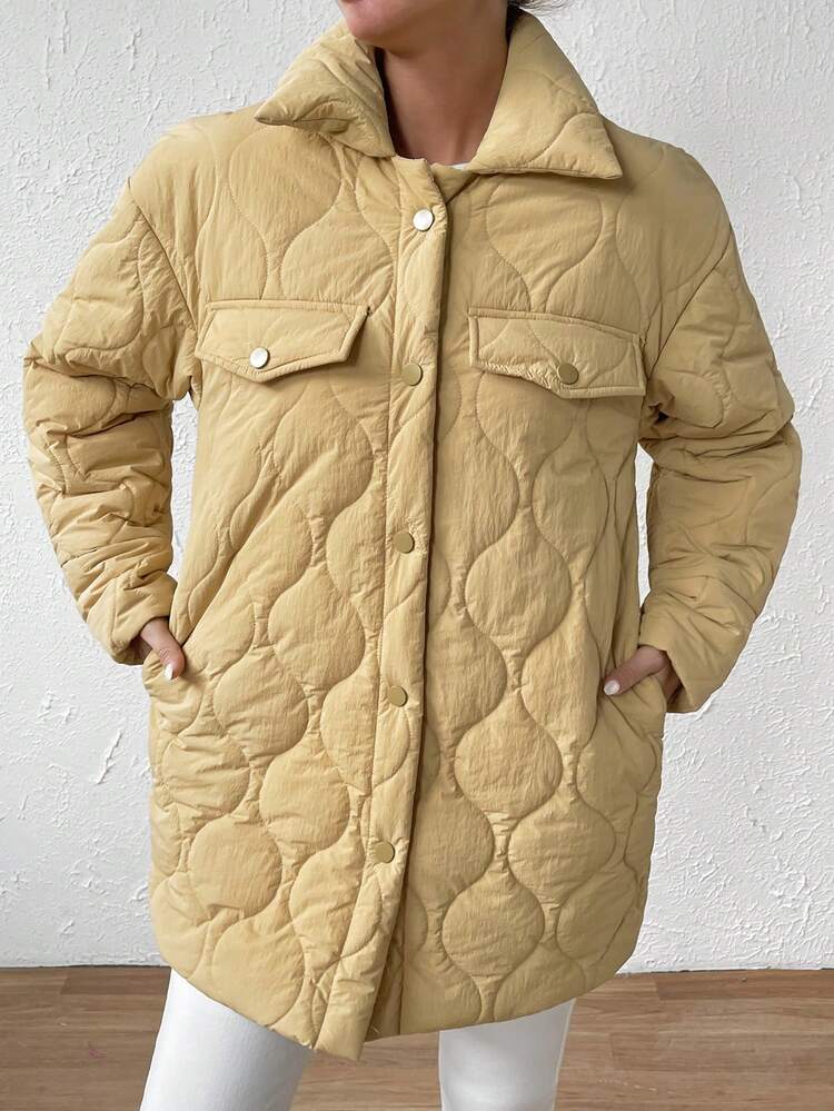 Flap Detail Snap Button Front Drop Shoulder Quilted Padded Coat Clothes Winter Fall Cloth For Women