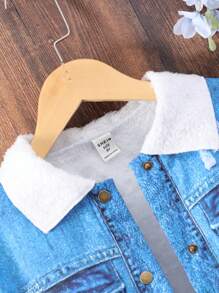 SHEIN Tween Girl 1pc Ripped Flap Pocket Borg Collar Teddy Lined Coat - Blue - View 5