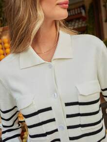 SHEIN Frenchy Striped Pattern Flap Pocket Cardigan - Black and White - View 2