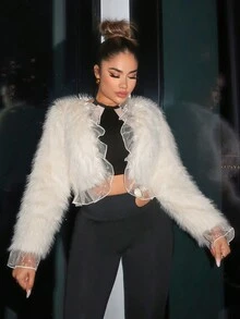 SHEIN SXY Contrast Mesh Open Front Fuzzy Coat - Apricot - View 5