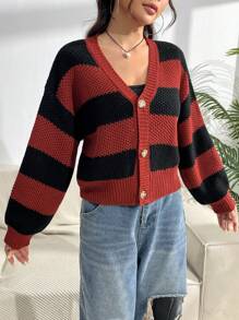 SHEIN Unity 女式V领条纹图案前扣休闲长袖开衫 - 彩色 - 查看 4