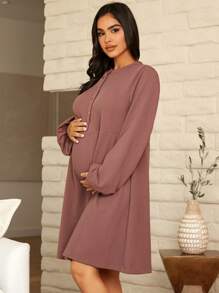 SHEIN Maternity Half Button Lantern Sleeve Dress - Dusty Pink - View 4