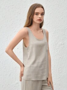 Leisure Natural Linen Comfy & Breathable Khaki Front Pocket Tank Top